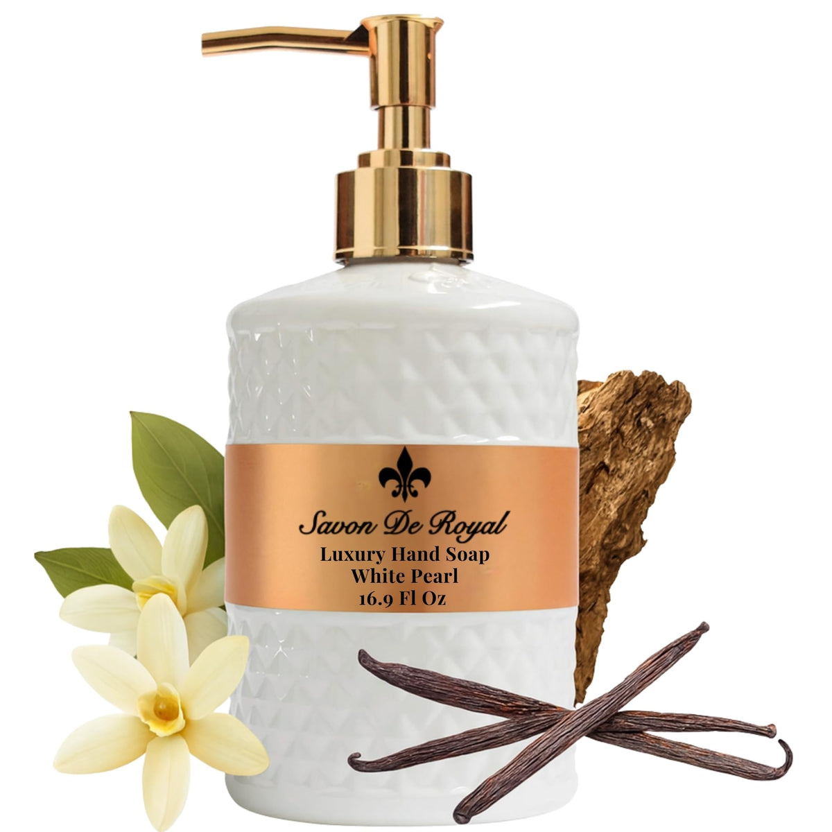 Savon De Royal hand soap bottle front view for an elegant bathroom display.