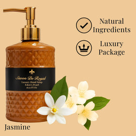 Savon De Royal jasmine musk bottle close-up emphasizes floral sophistication for daily luxury.