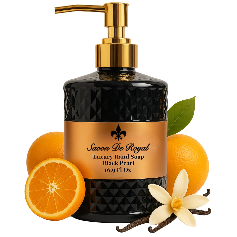 Savon De Royal luxury hand soap bottle with vanilla orange scent for daily moisturizing