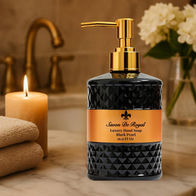 Savon De Royal hand soap pump shown for easy, vegan cleansing
