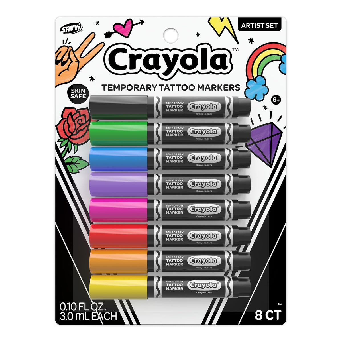 Savvi Crayola 8ct tattoo markers pack front offers vibrant colors for temporary skin art.