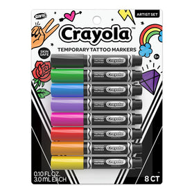 Savvi Crayola 8ct tattoo markers pack front offers vibrant colors for temporary skin art.