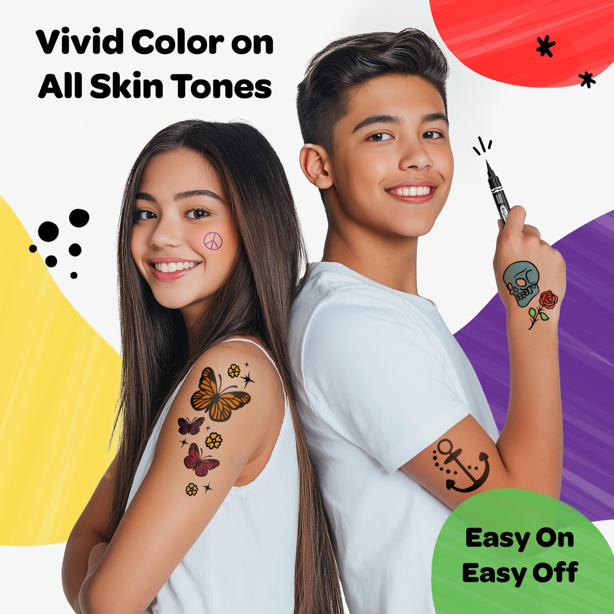 Savvi Crayola skin-safe ink markers ensure comfortable, washable body art experiences.