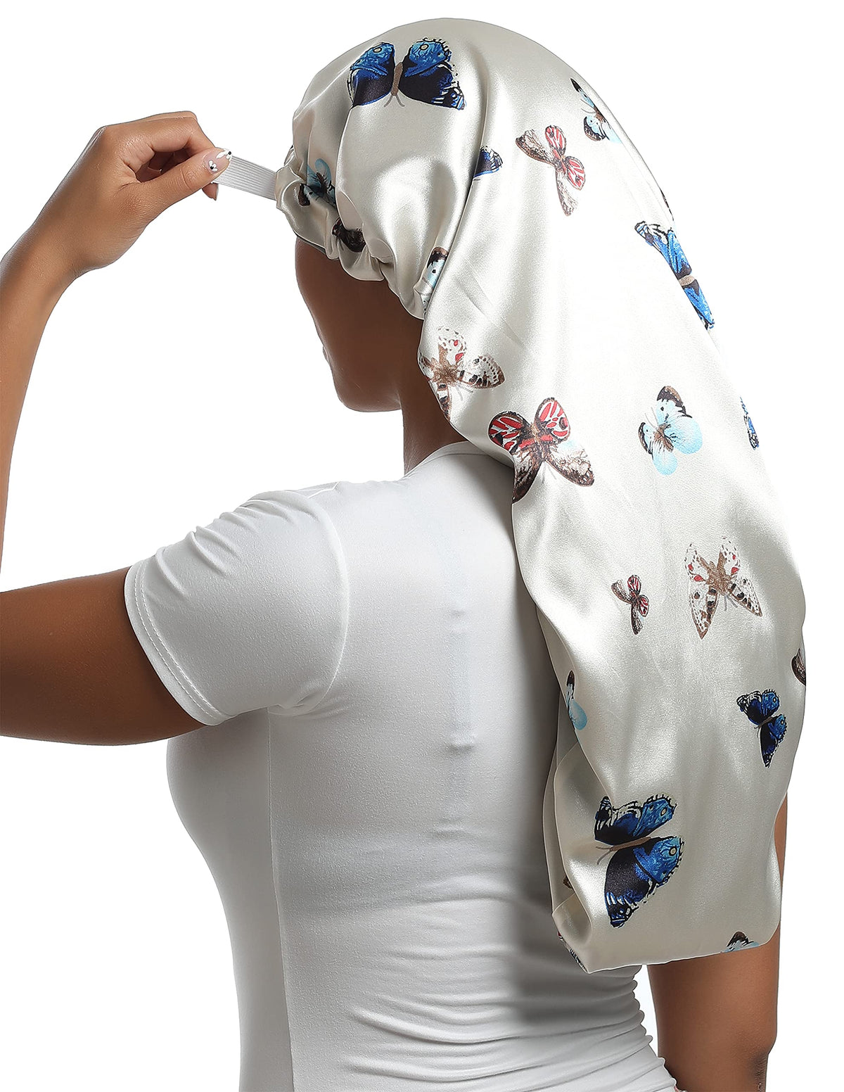 SAYMRE satin bonnet with adjustable strap for secure overnight wear.