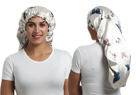 SAYMRE satin bonnet protects curls while preserving moisture overnight.