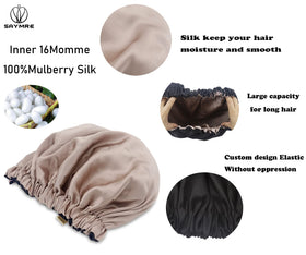 Saymre silk bonnet care guide shows gentle washing and air-drying