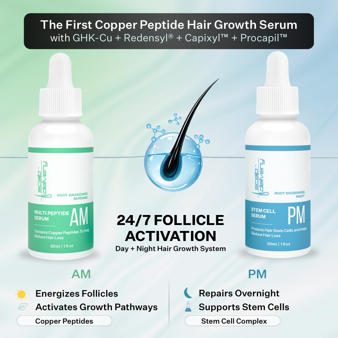 Scalp Delivery AM/PM DHT-blocker serum bottle energizes the morning scalp.