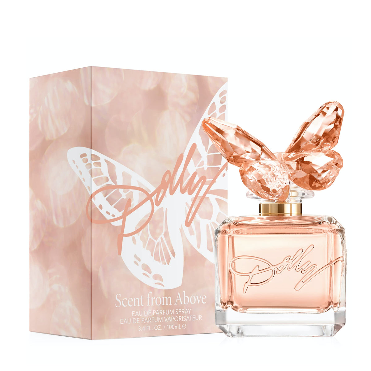 Dolly Parton Scent from Above bottle close-up highlights the pink butterfly design.