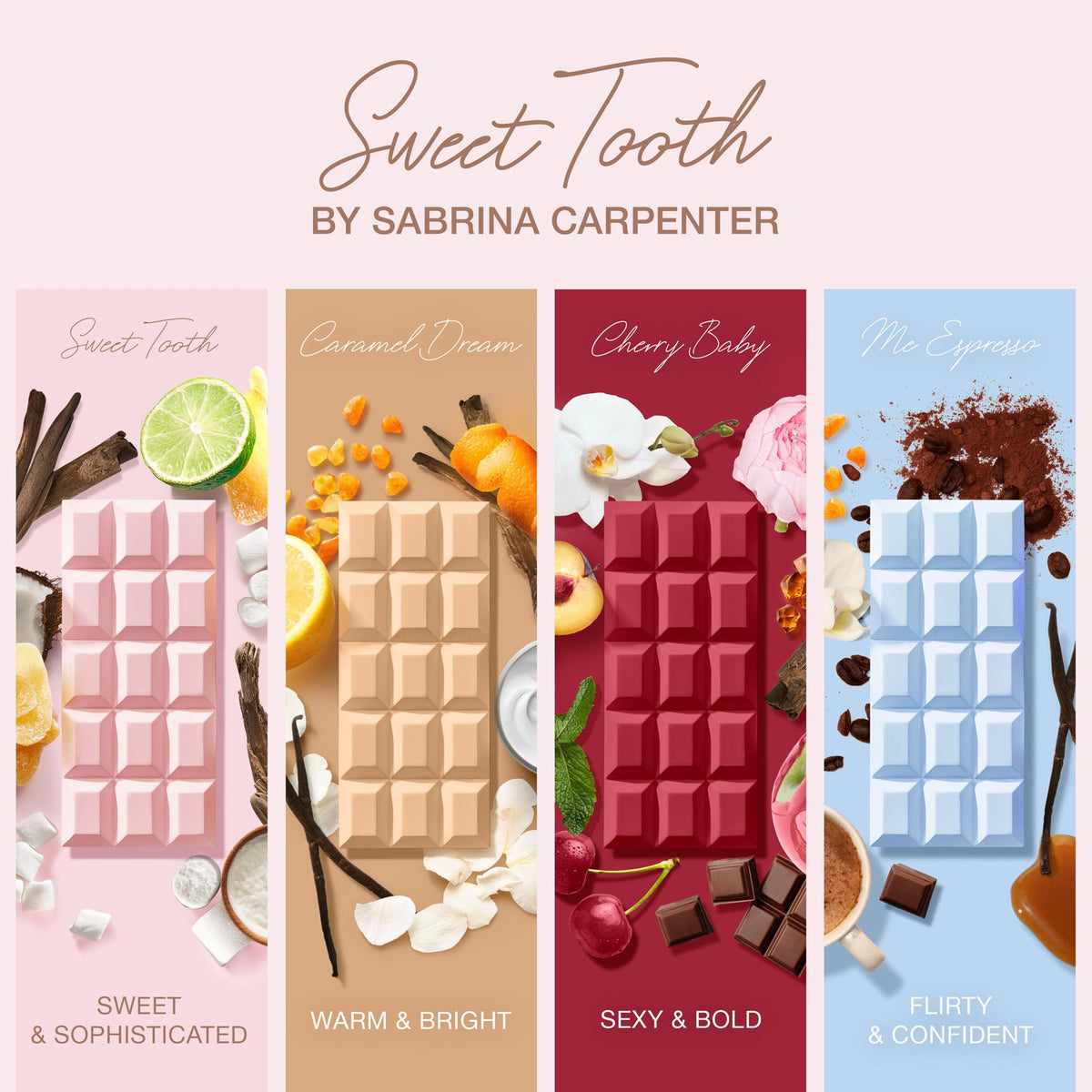 Scent Beauty Sabrina Carpenter Me Espresso label detail illustrates vegan fragrance ingredients.