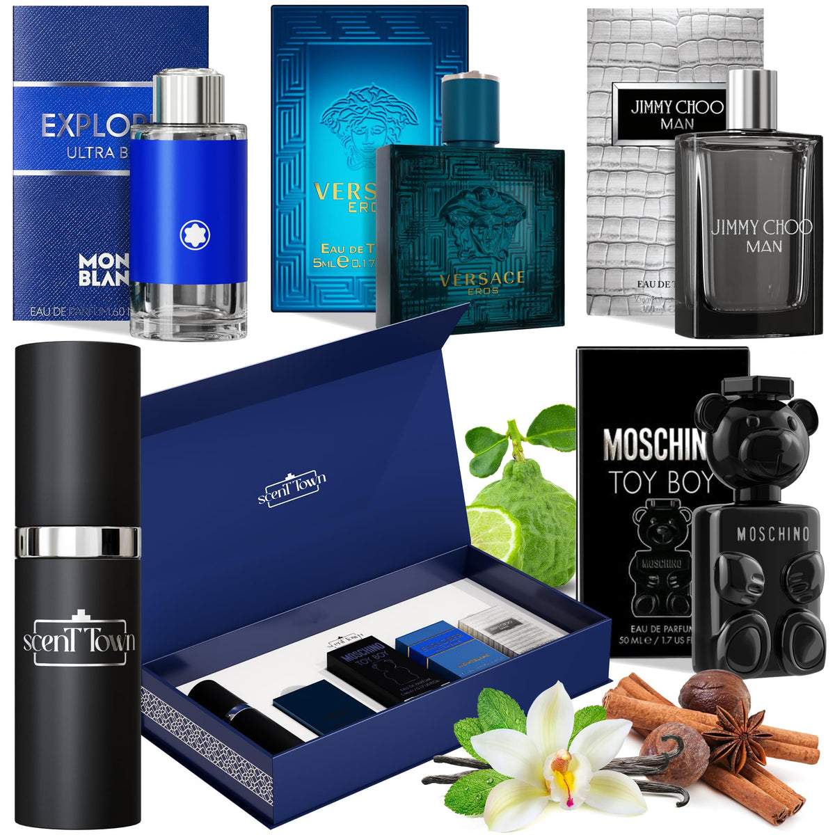 Scent Town box-front view of the men's cologne sampler set