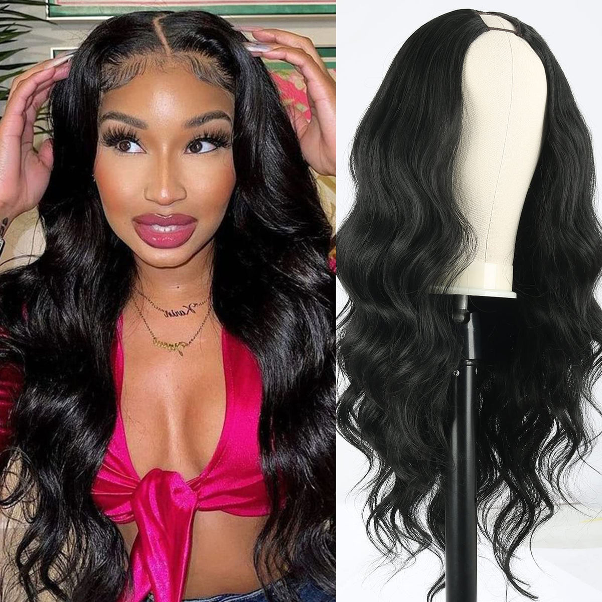 Scentw V Part Wig front view shows natural hairline and full body wave.