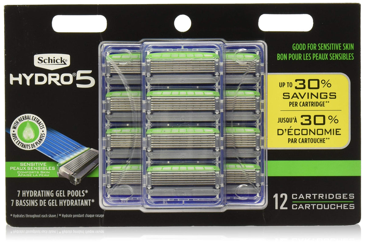 Schick Hydro 5 Sensitive refills pack showing multiple blades for a smooth shave