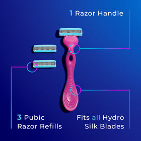 Schick Hydro Silk refill cartridge showing three blades for consistent protection.