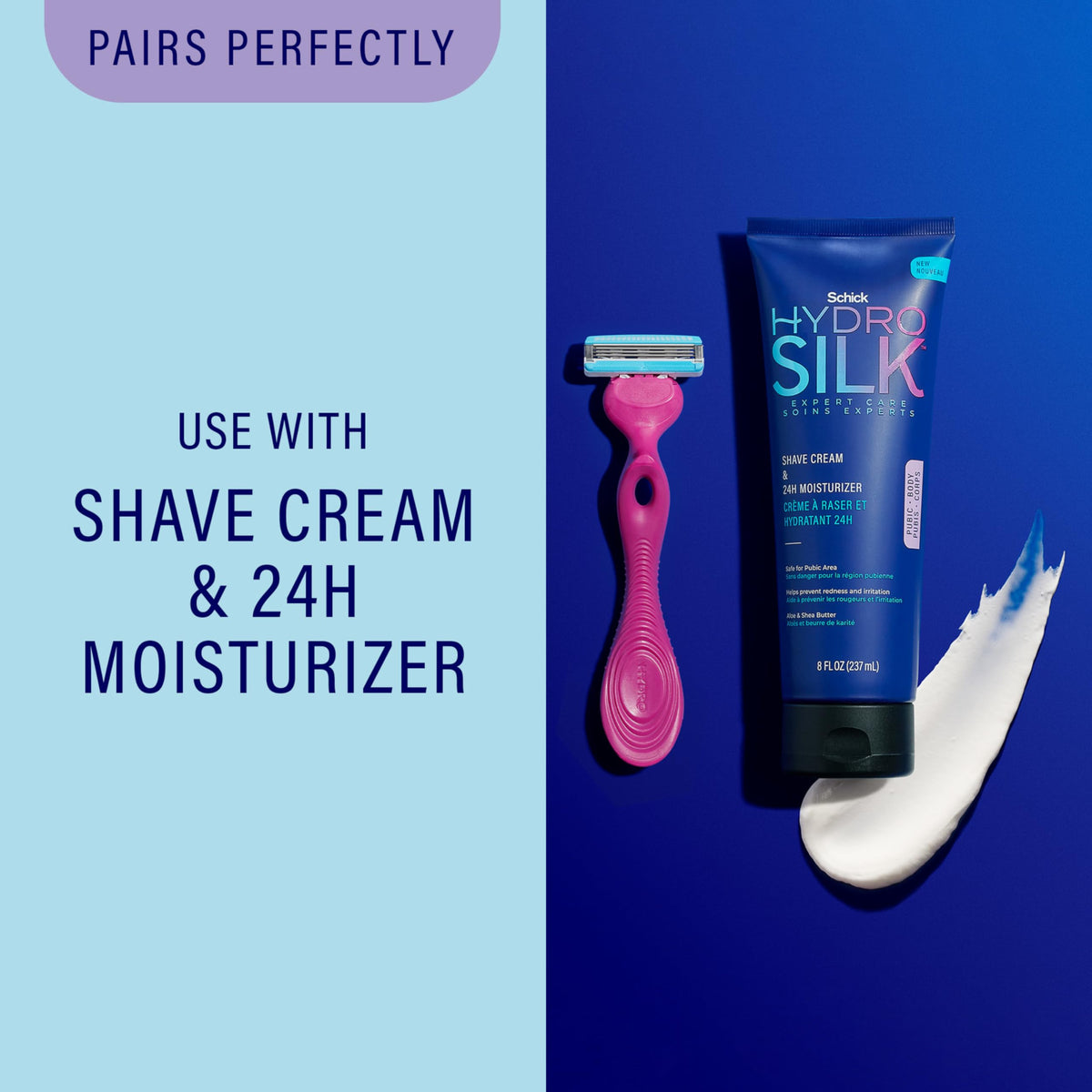 Schick Hydro Silk dermatologist-tested formula for sensitive skin use.