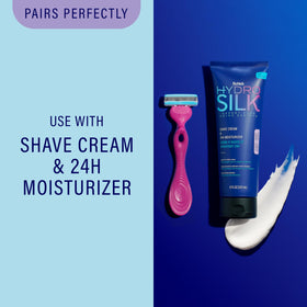 Schick Hydro Silk dermatologist-tested formula for sensitive skin use.