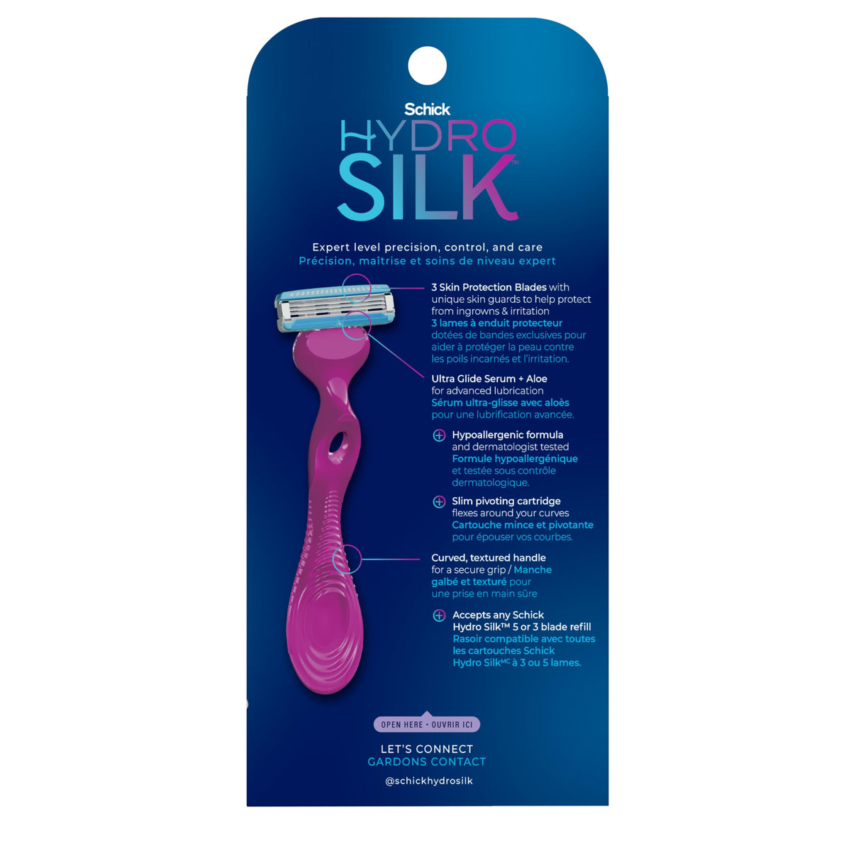 Schick Hydro Silk kit includes handle and three refill cartridges for convenience.