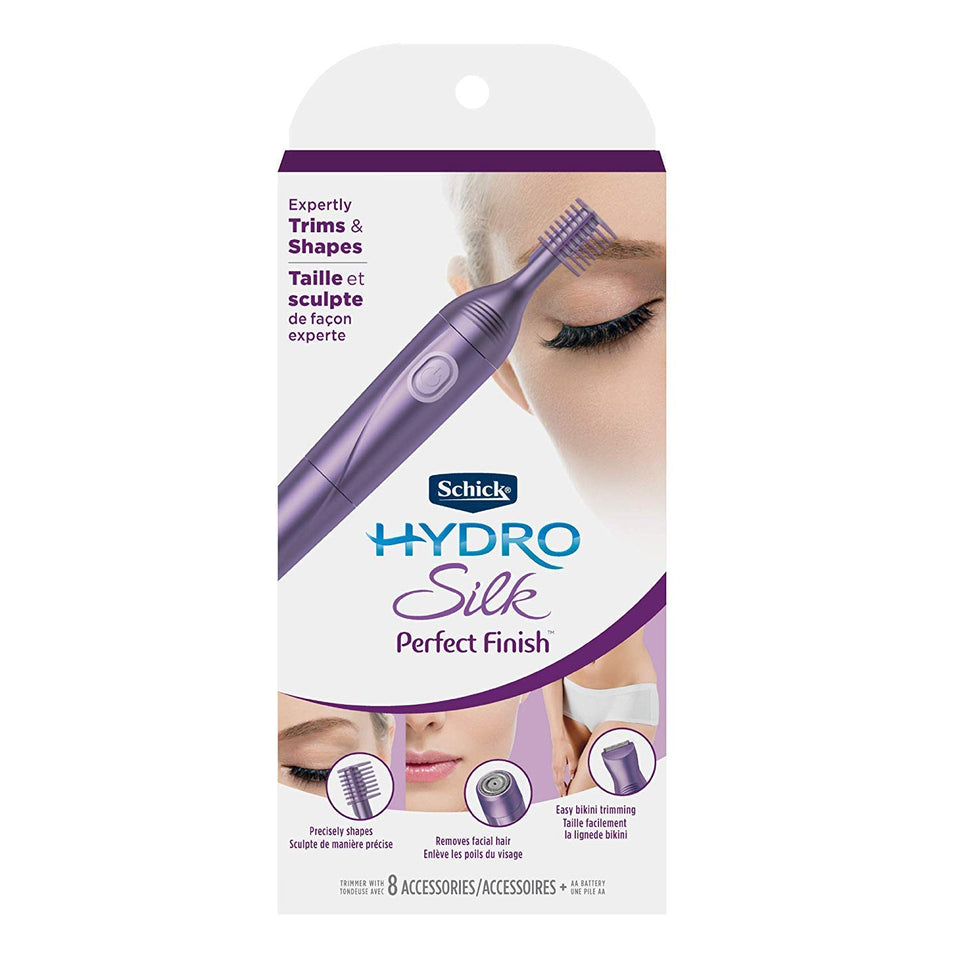 Schick Hydro Silk Perfect Finish Trimmer with all attachments for precise at home grooming.