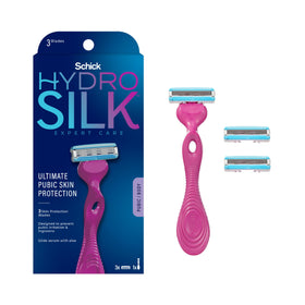 Schick Hydro Silk Ultimate razor with curved textured handle for secure, precise bikini shaving.