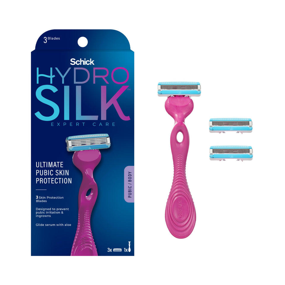 Schick Hydro Silk Ultimate razor with curved textured handle for secure, precise bikini shaving.