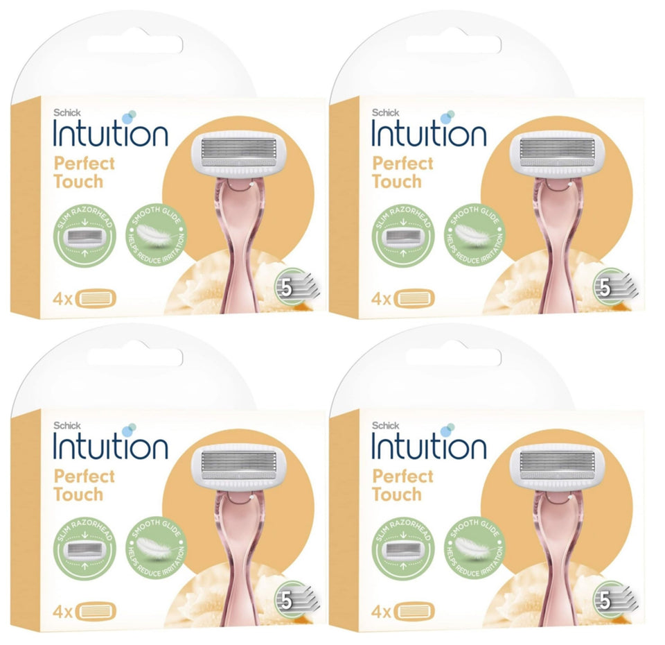 Schick Intuition Perfect Touch refill four-pack cartridge compatible with razors for consistent comfort.