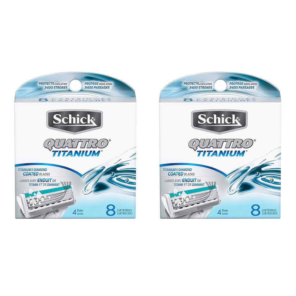Schick Quattro Titanium razor blade refill shows durable blades and a smooth shave for men.
