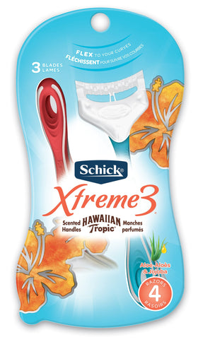 Schick Xtreme3 women’s razor pack-of-2 on display with four-count packs for easy reuse and storage.