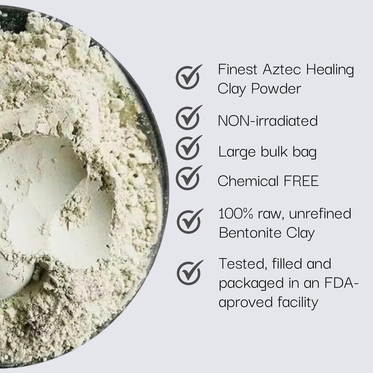 Schizandu Organics Bentonite powder closeup shows fine texture ready for masks.