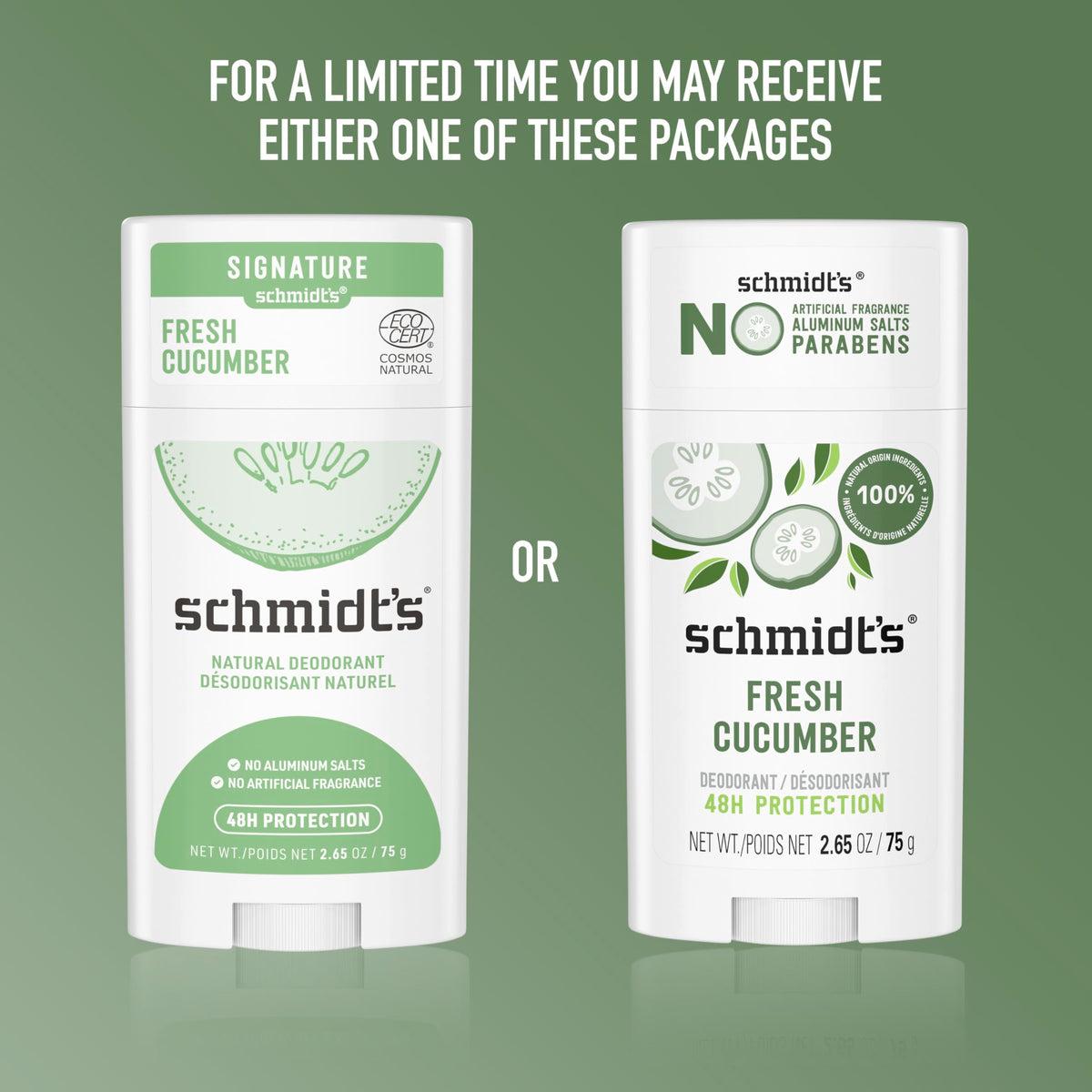 Schmidt's deodorant with 24-hour odor protection shown in product imagery.