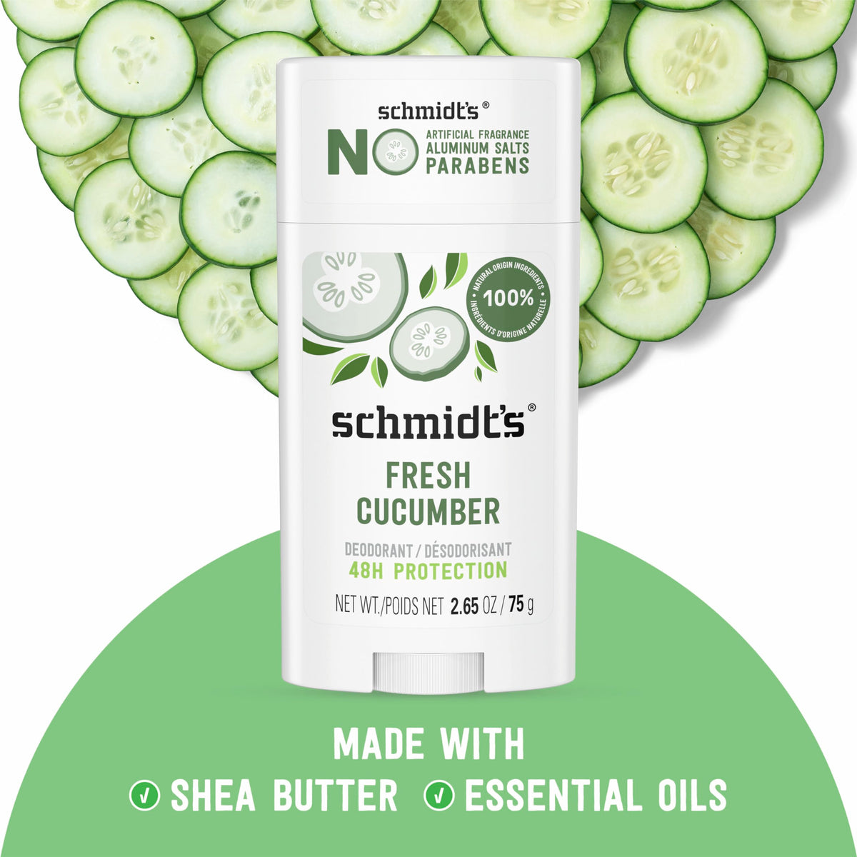 Schmidt's aluminum-free vegan packaging highlights natural origin ingredients.
