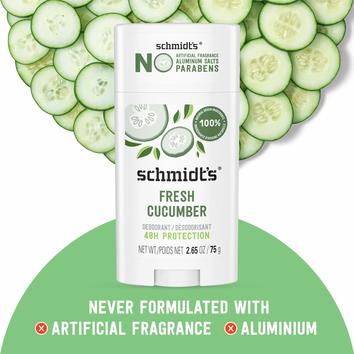Schmidt's Fresh Cucumber deodorant application image shows gentle use on clean underarms.