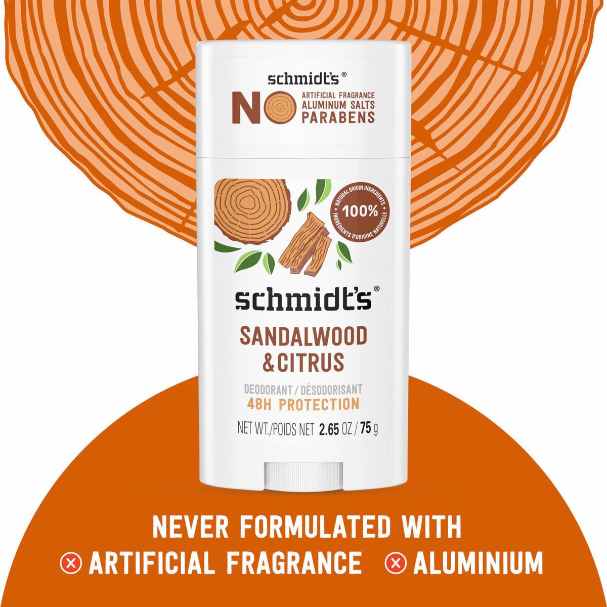 Schmidt's Sandalwood & Citrus ingredients highlight plant-based oils and natural fragrance.