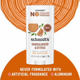Schmidt's Sandalwood & Citrus ingredients highlight plant-based oils and natural fragrance.