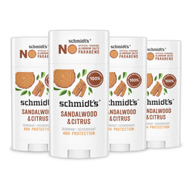 Schmidt's Sandalwood & Citrus deodorant stick front view, aluminum-free.