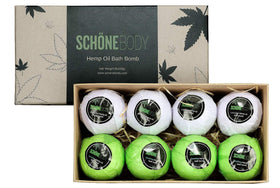 Schone Body 8-pack hemp bath bombs lavender box: soothing aroma for unwind after work.