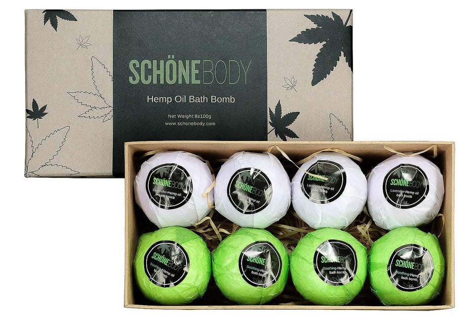 Schone Body 8-pack hemp bath bombs lavender box: soothing aroma for unwind after work.