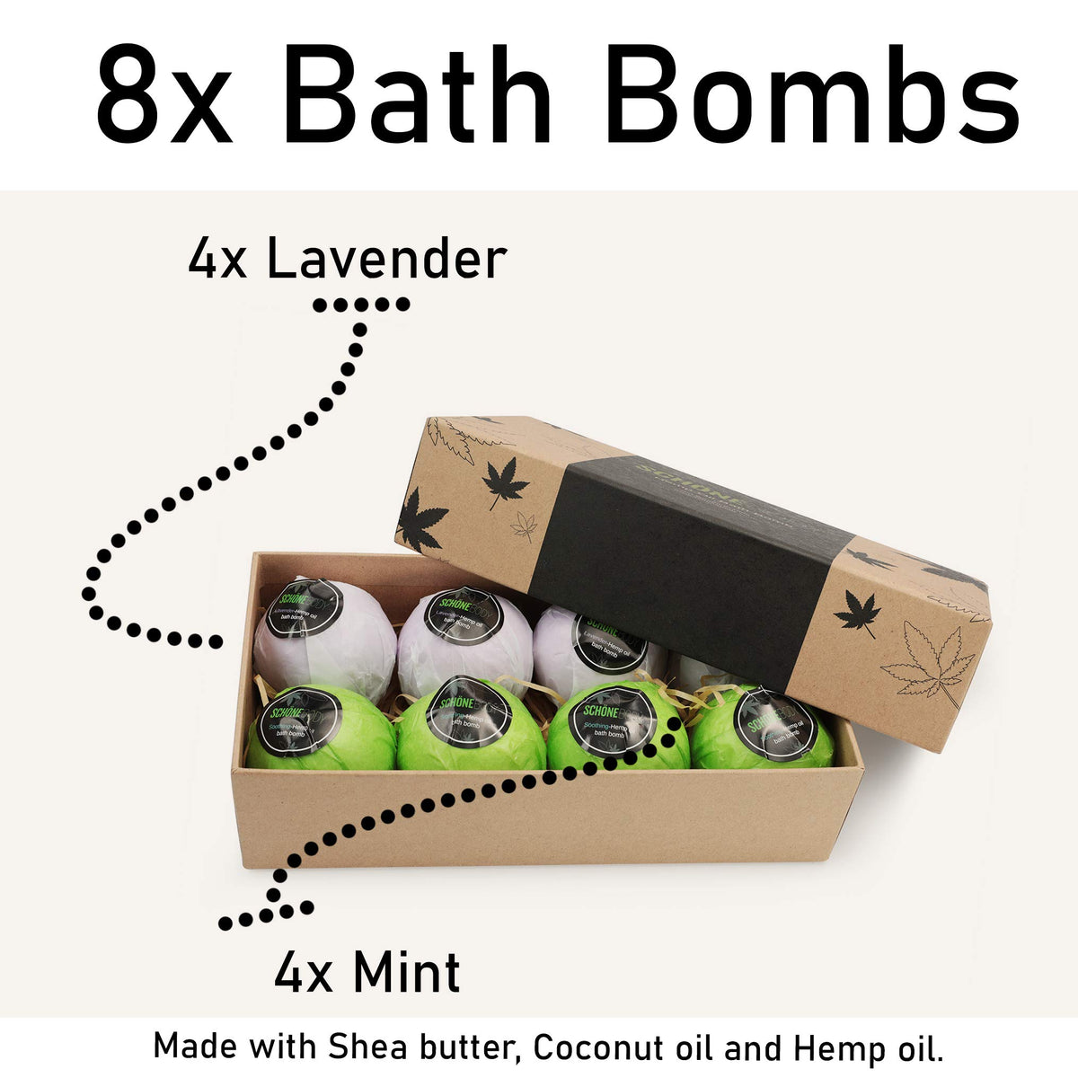 Schone Body 8-pack hemp bath bombs mint box: refreshing scent to uplift mood.