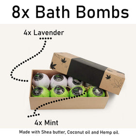 Schone Body 8-pack hemp bath bombs mint box: refreshing scent to uplift mood.