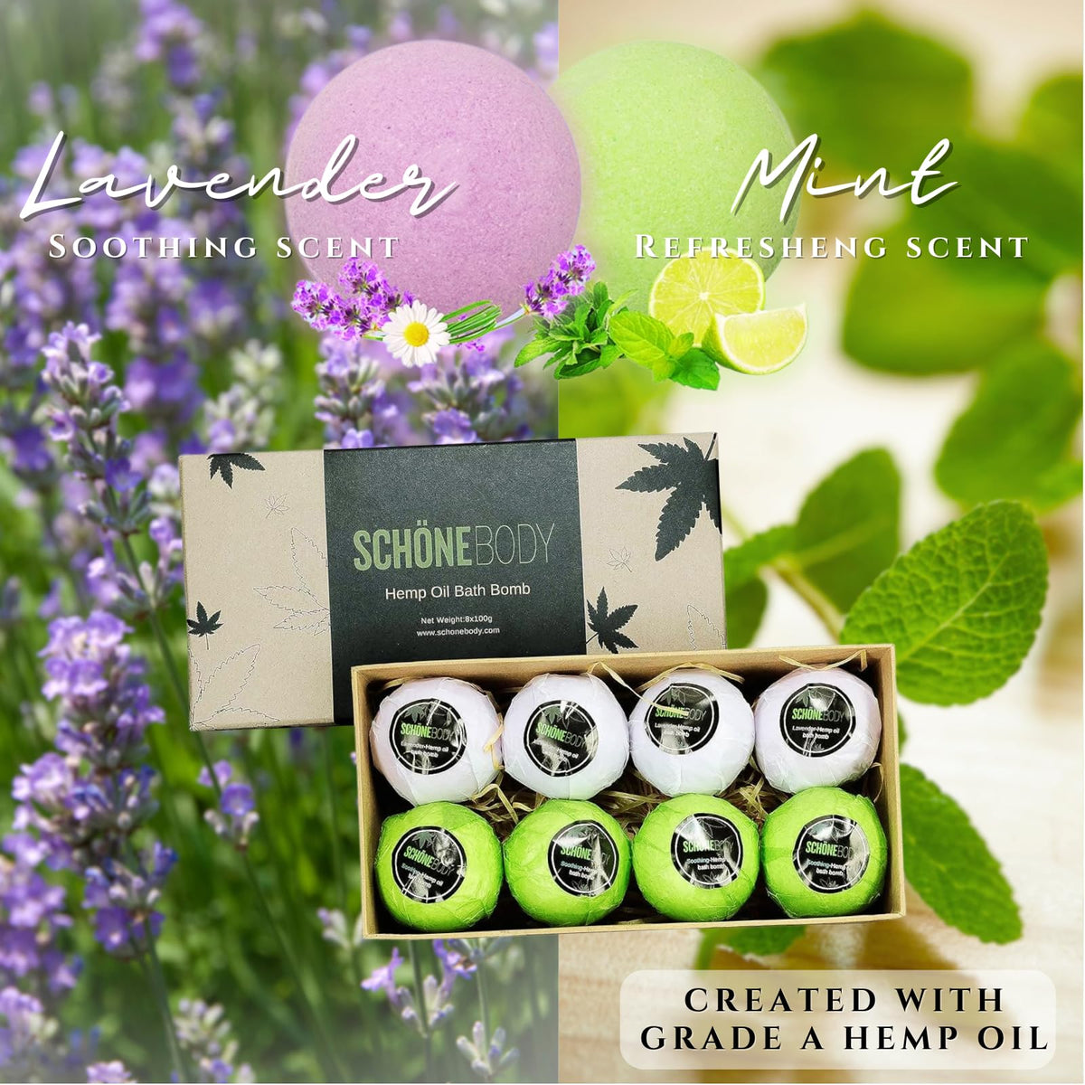 Schone Body hemp bath bombs dissolving in water with vibrant color release.