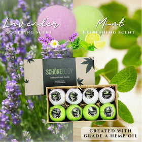 Schone Body hemp bath bombs dissolving in water with vibrant color release.