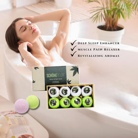 Schone Body vegan spa bath bombs packaging closeup for gift-ready presentation.