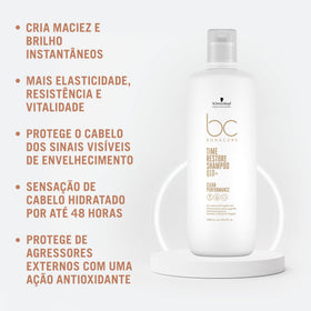 Schwarzkopf BC Bonacure Q10+ Time Restore Micellar Shampoo label closeup shows nourishing formula.
