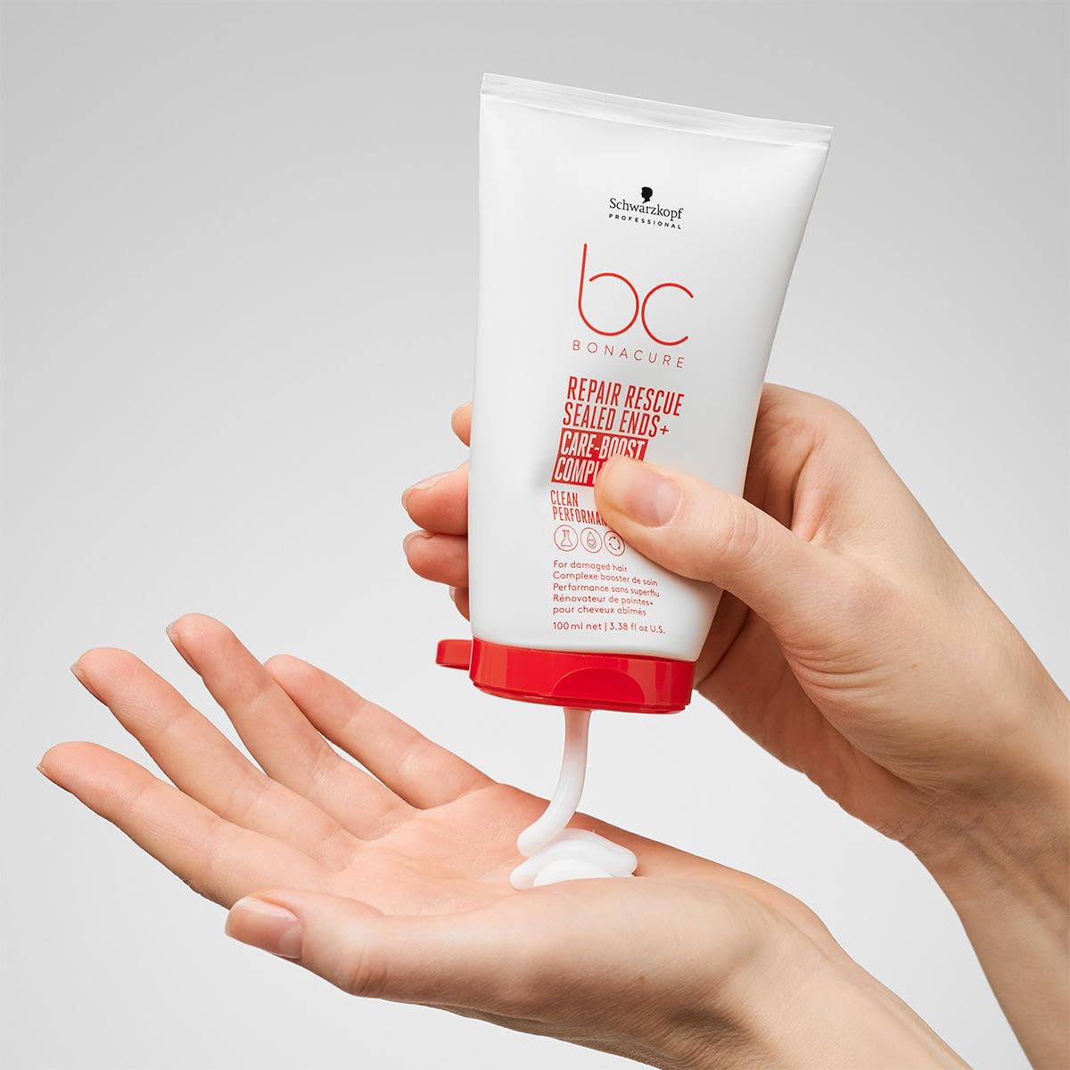 Schwarzkopf BC Repair Rescue Sealed Ends bottle for quick leave-in conditioning before styling.