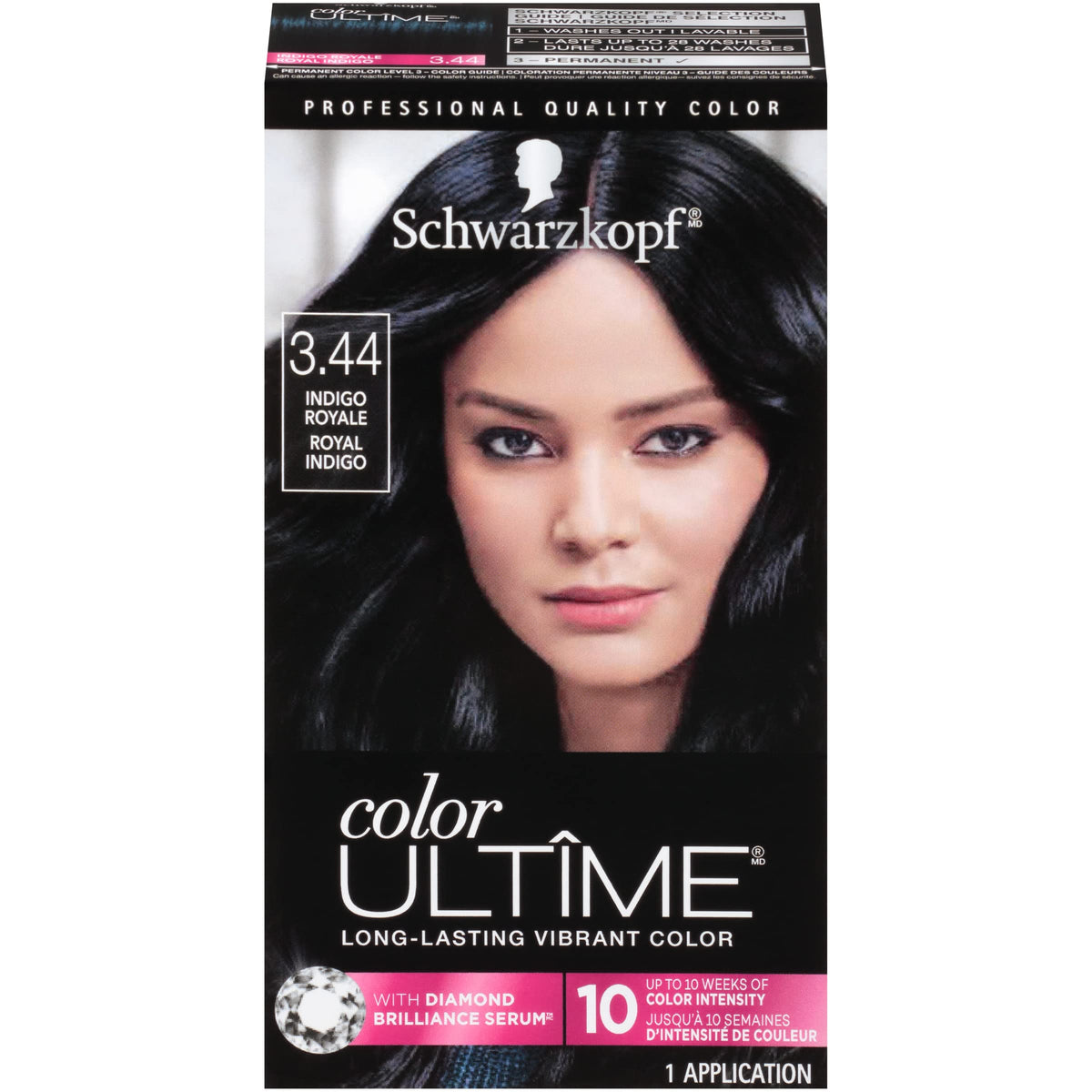 Schwarzkopf Color Ultime Indigo Royale hair dye bottle delivering long-lasting color and shine.