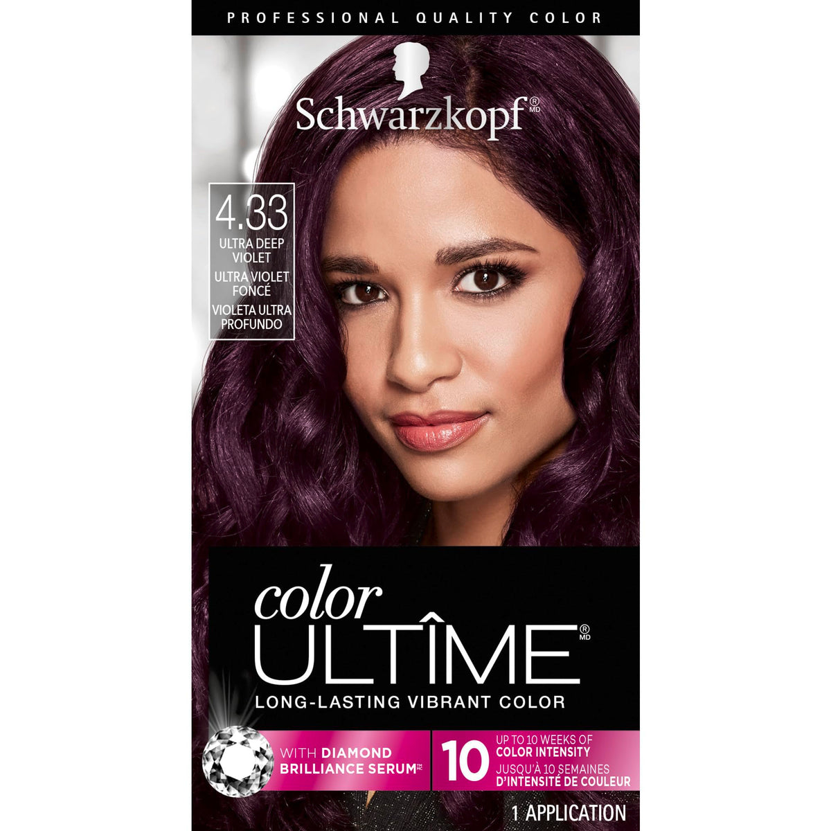 Schwarzkopf Color Ultime Ultra Deep Violet bottle pour for vibrant color at home.