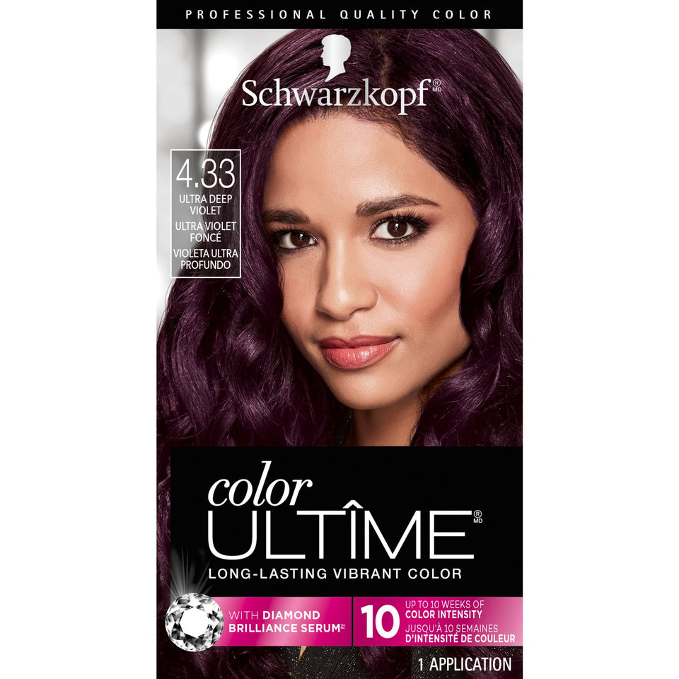 Schwarzkopf Color Ultime Ultra Deep Violet bottle pour for vibrant color at home.