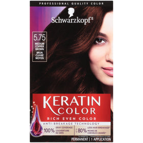 Schwarzkopf Keratin Color box shows 5.75 Medium Copper Brown shade for gray coverage