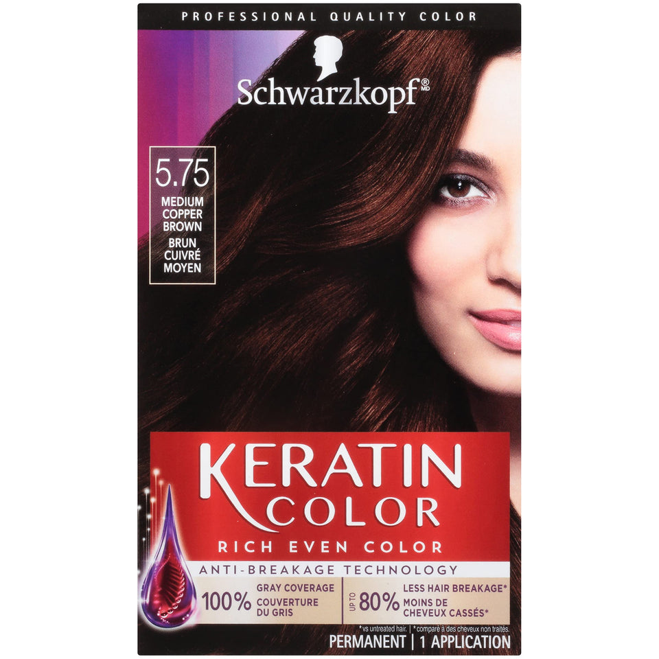 Schwarzkopf Keratin Color box shows 5.75 Medium Copper Brown shade for gray coverage