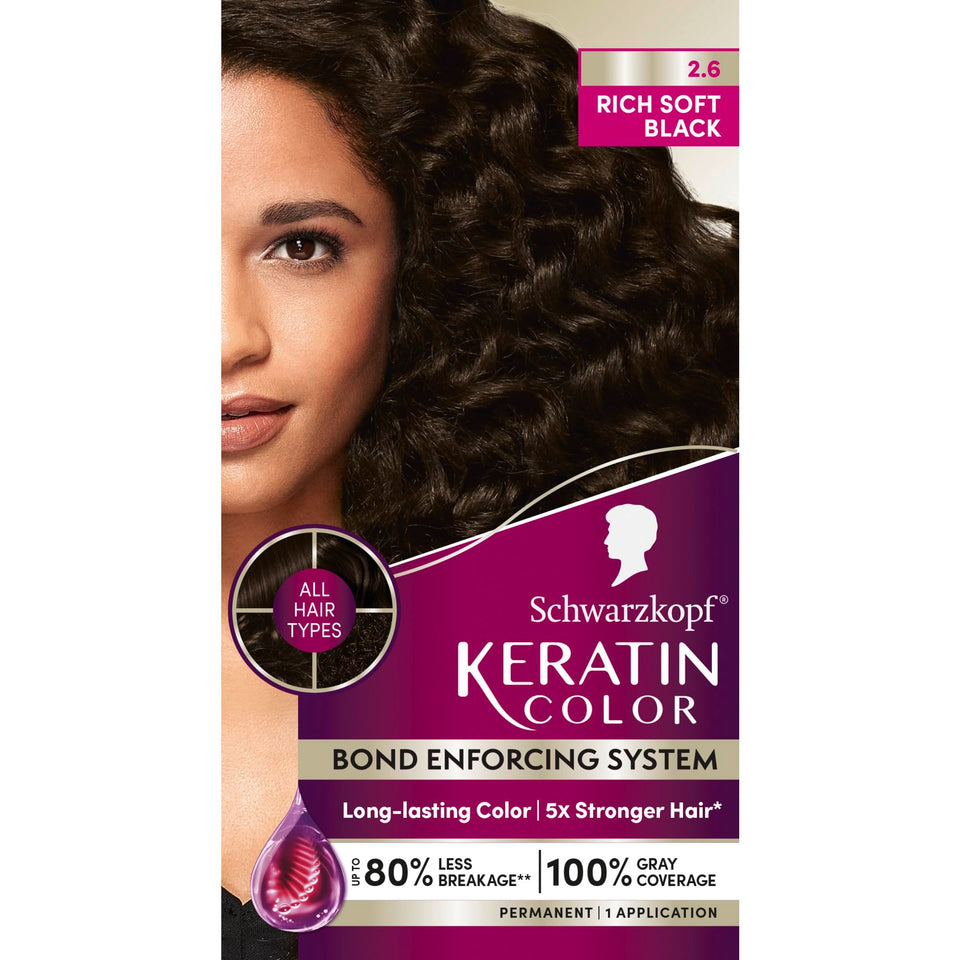Schwarzkopf Keratin Color rich soft black bottle showing shade and texture