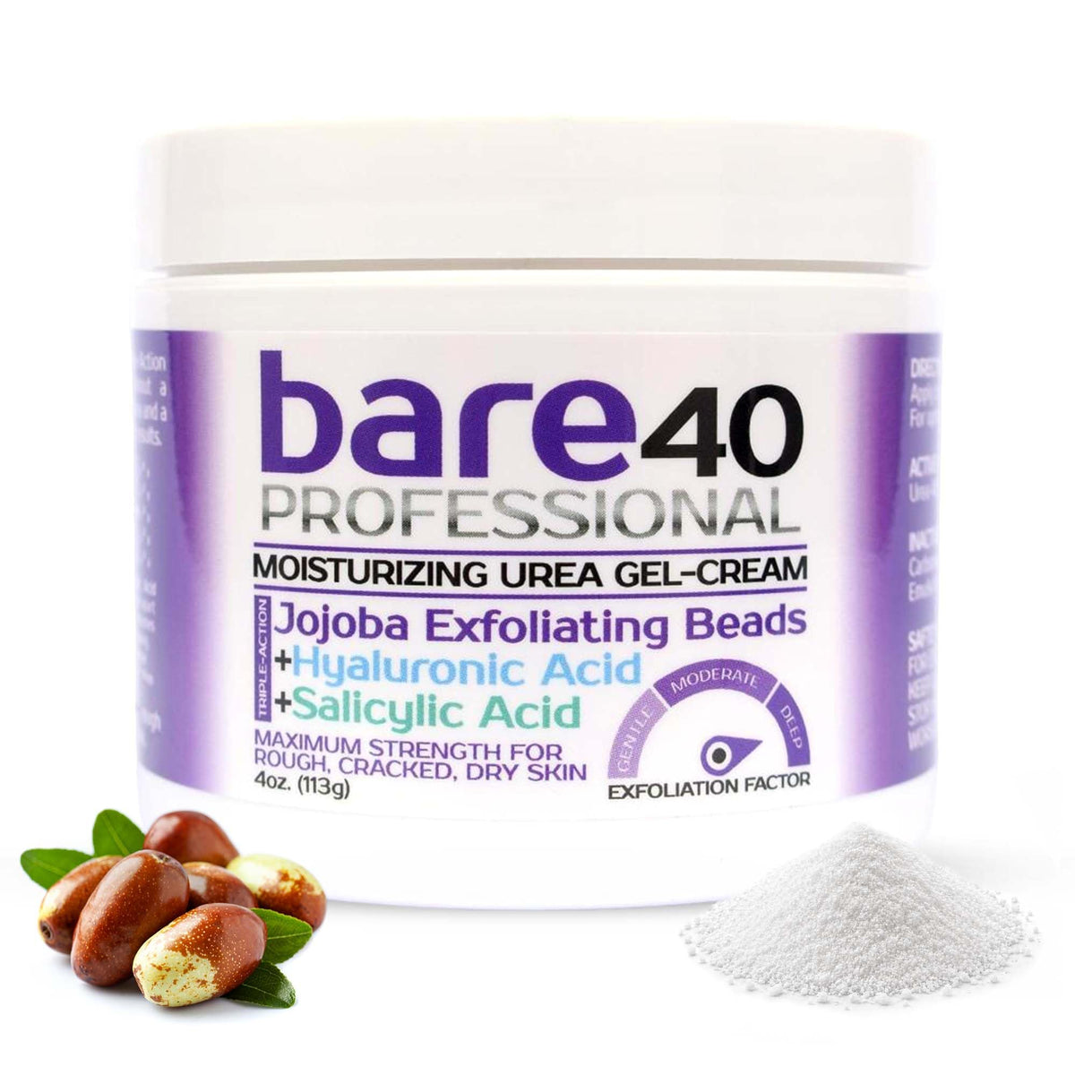 BARE 40 PRO bottle front shows packaging for exfoliation and hydration benefits.