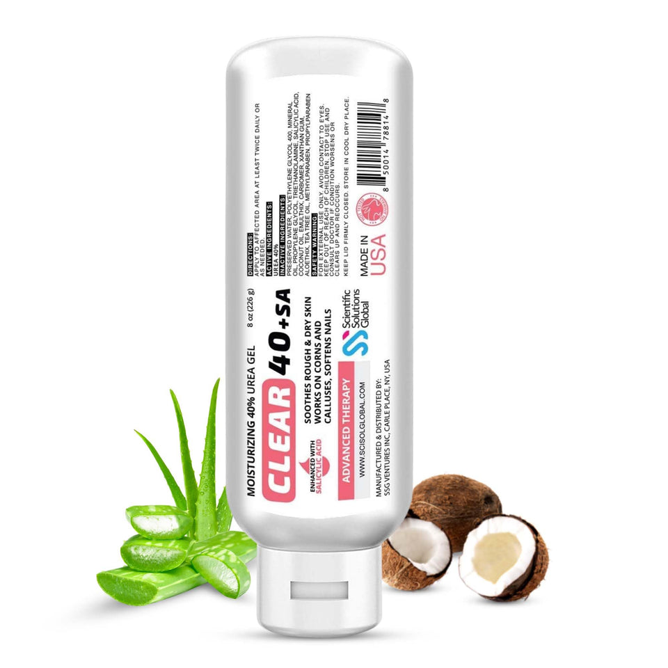 Scientific Solutions Global CLEAR 40 +SA Gel bottle front showing strong hydration for dry skin.